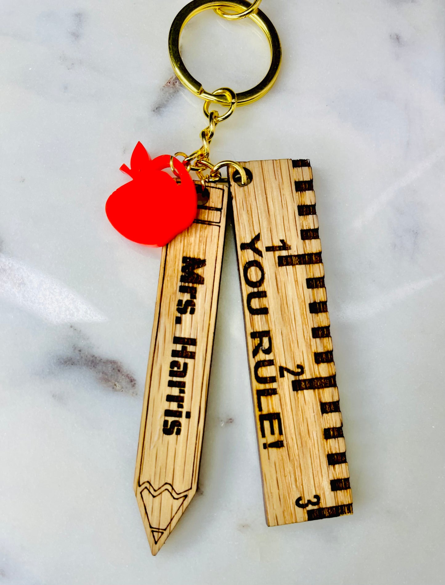 Ruler, Pencil & Apple Keychain.