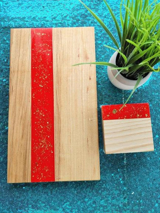 White Oak Red Glitter Resin Serving Board & Coaster Set (Custom Engraved)