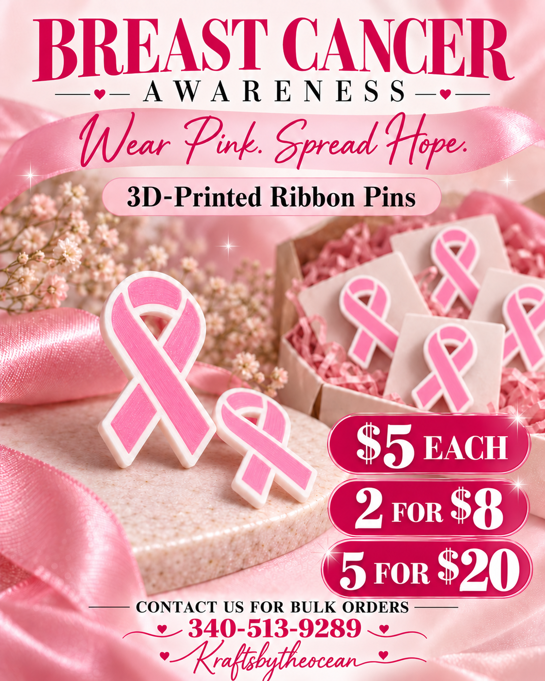 Breast Cancer Awareness Pink Ribbon Pin | 3D Printed
