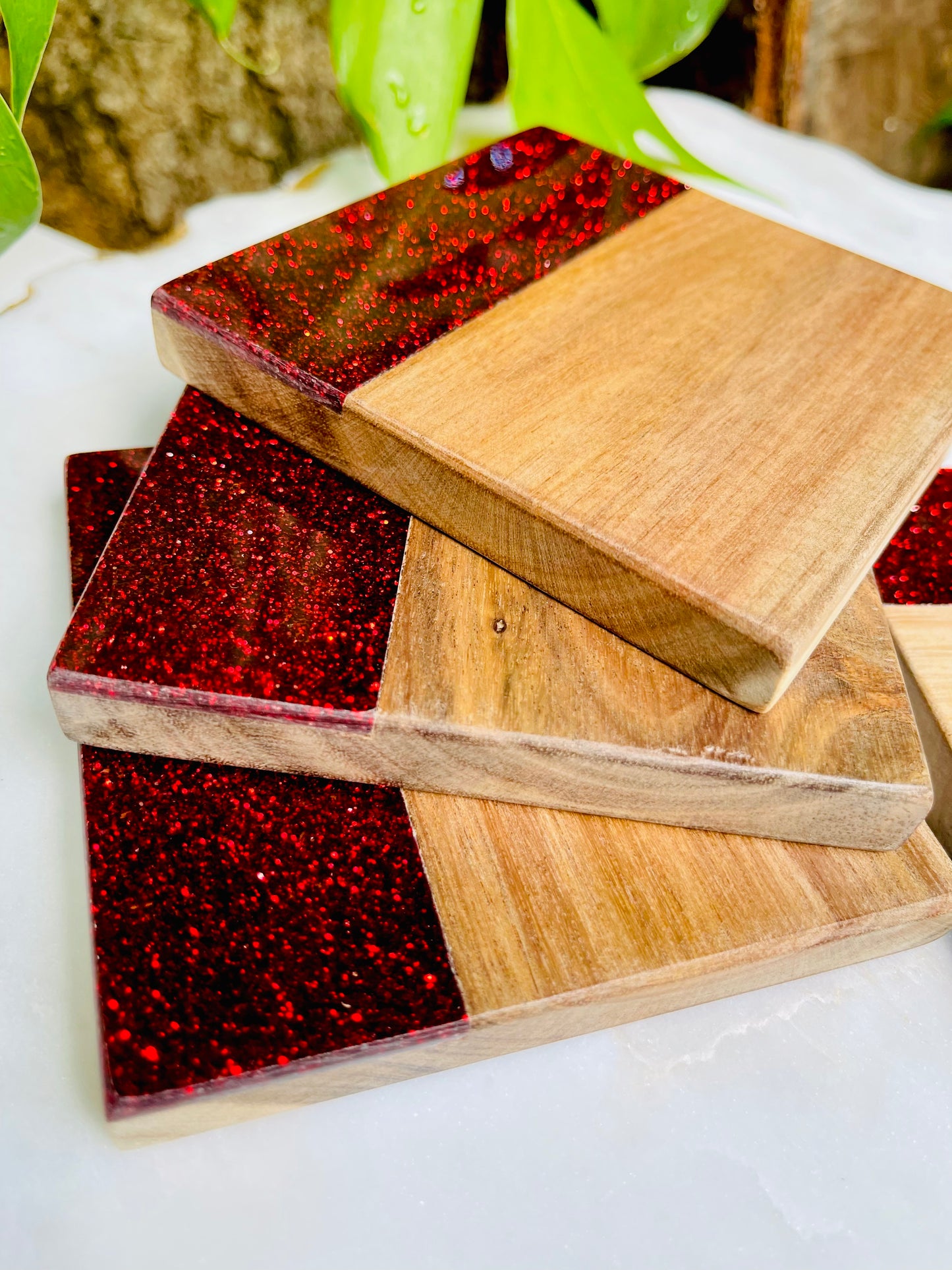 Acacia Coasters Red Glitter Set of 4 ( Custom Engraved)