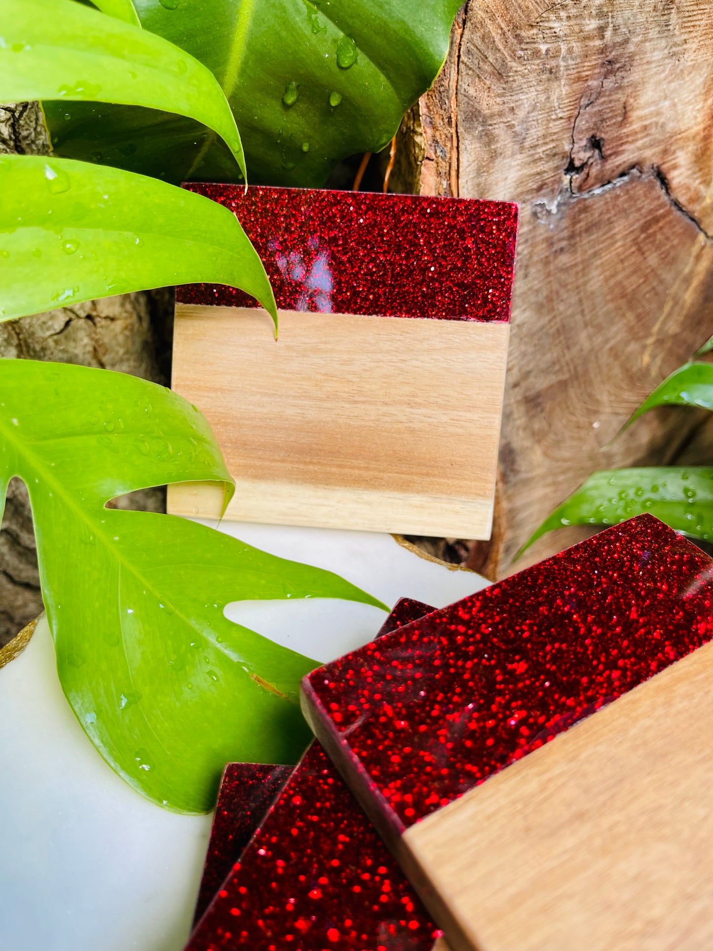 Acacia Coasters Red Glitter Set of 4 ( Custom Engraved)