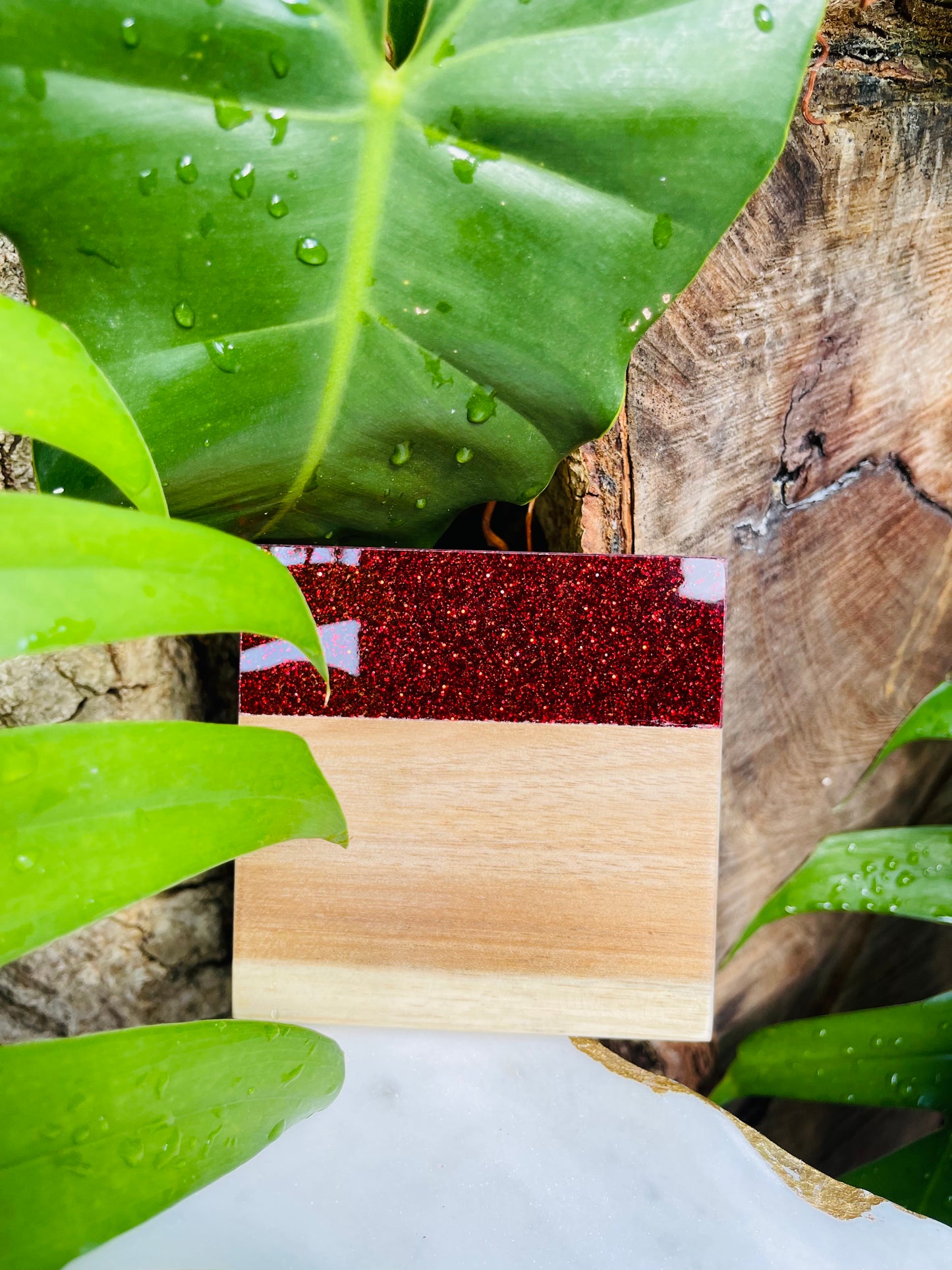 Acacia Coasters Red Glitter Set of 4 ( Custom Engraved)