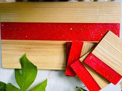 White Oak Red Glitter Resin Serving Board & Coaster Set (Custom Engraved)