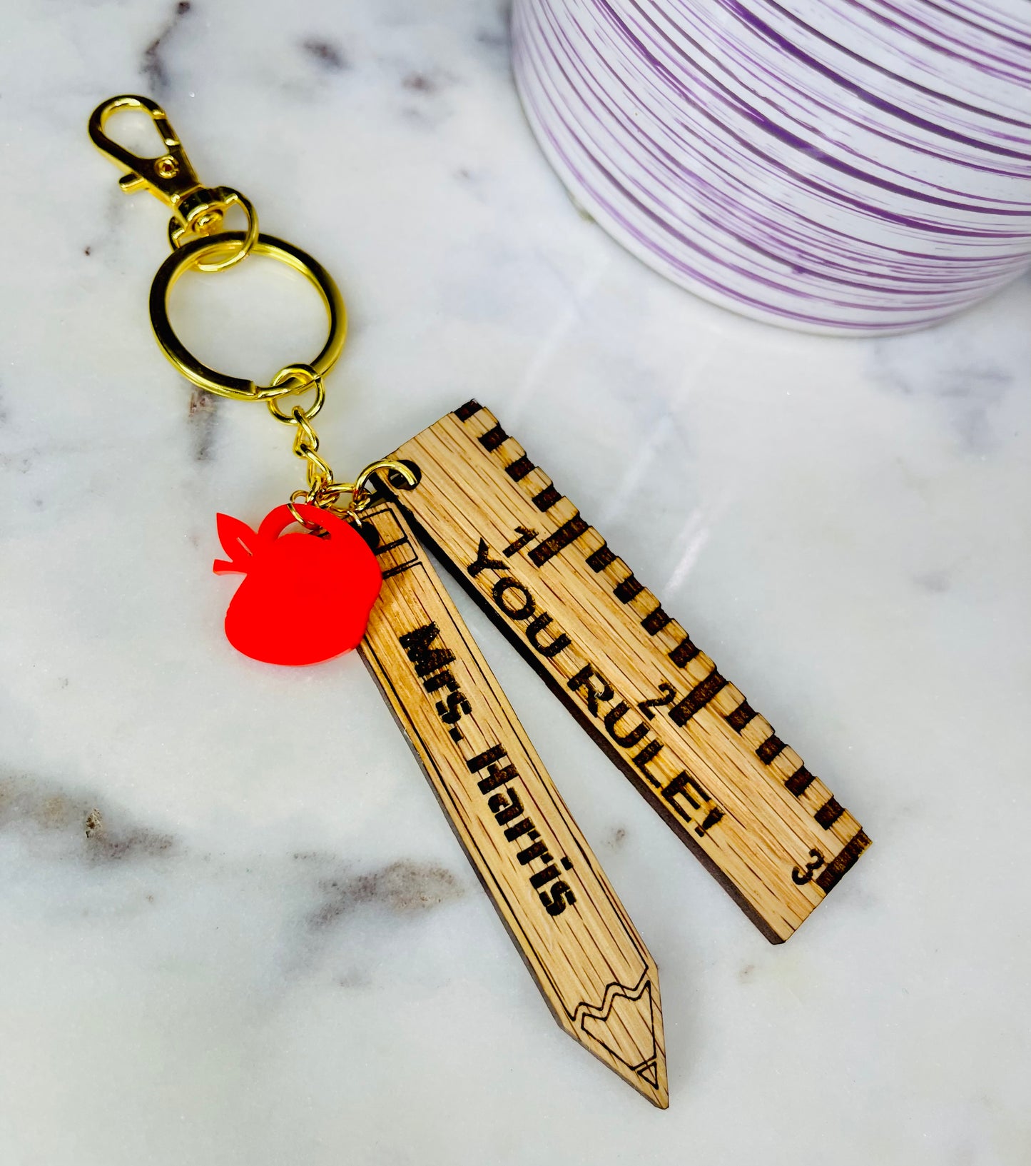 Ruler, Pencil & Apple Keychain.