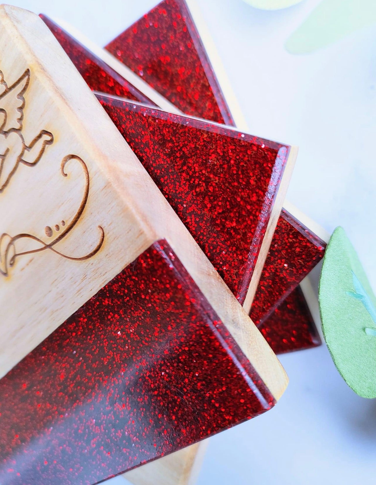 Acacia Coasters Red Glitter Set of 4 ( Custom Engraved)