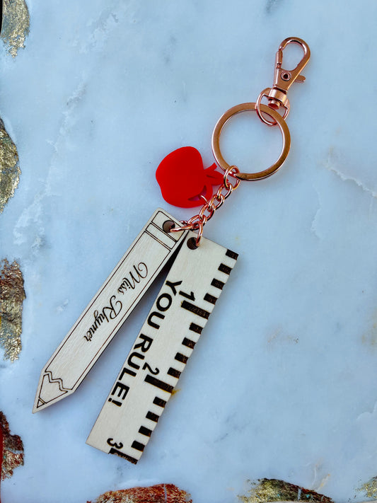 Ruler, Pencil & Apple Keychain.